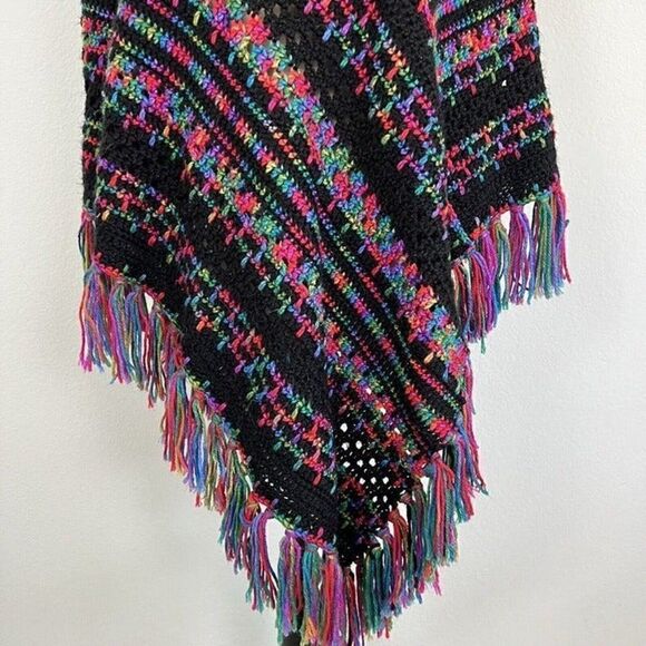 Crocheted Handmade Boho Black Rainbow Loose Knit Fringe Shawl Poncho Sweater OS - Picture 11 of 12